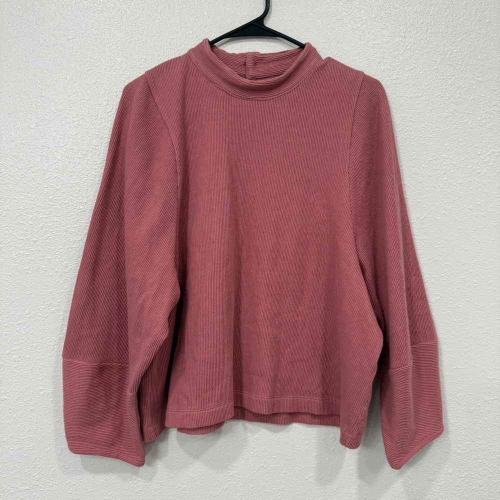 TEXTURE & THREAD Madewell Ribbed Mock Neck Button Back Top Dusty‎ Rose Women's L